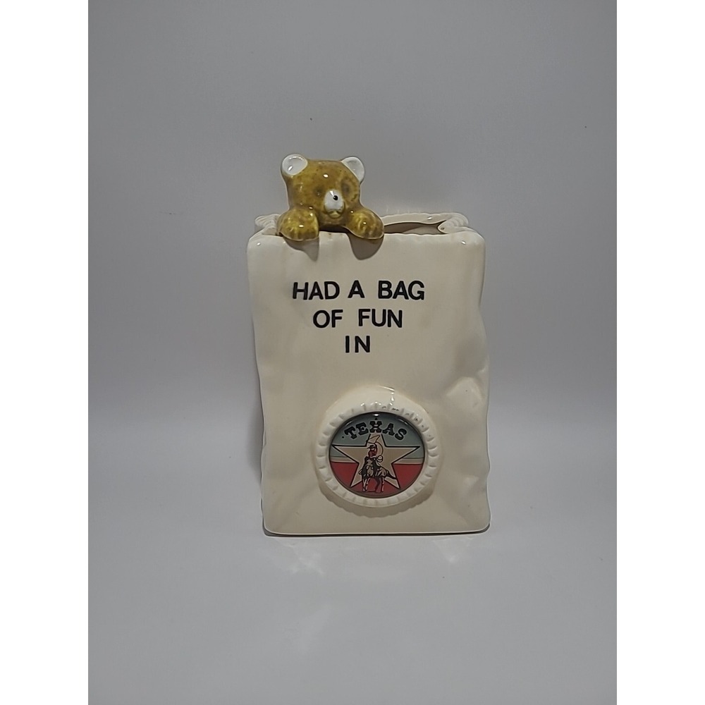 Vintage Ceramic Pen Holder Teddy Bear Texas Souvenir